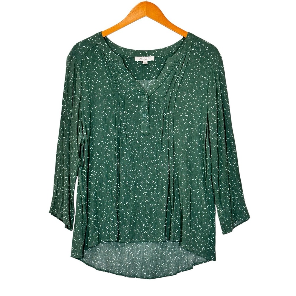 Monday Fun Top Women's XXL Green White Polka Dot‎ Rayon Peasant Flowy Blouse